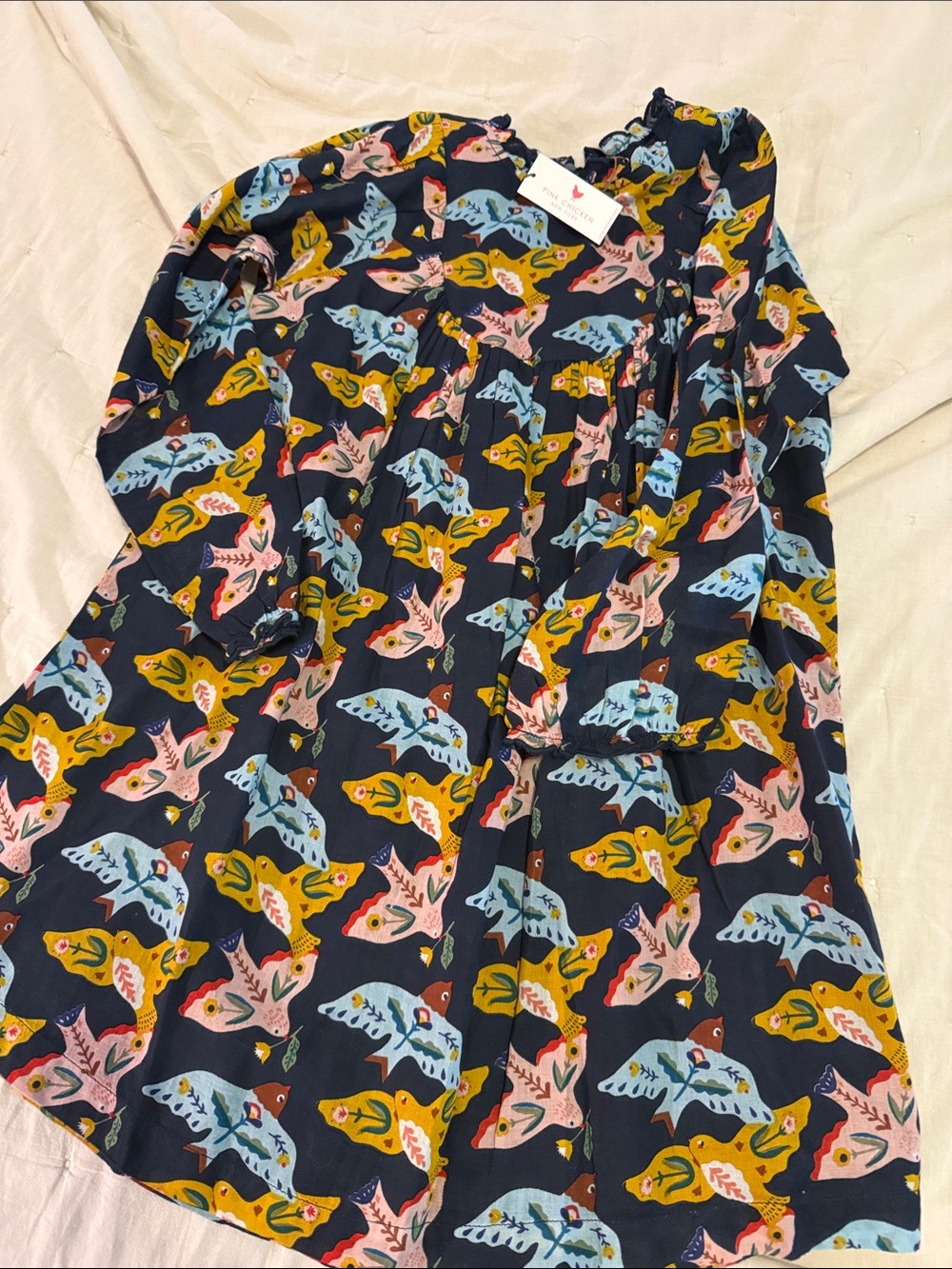 Pink Chicken hirls Navy Bird-Print Long-Sleeve Dress Top